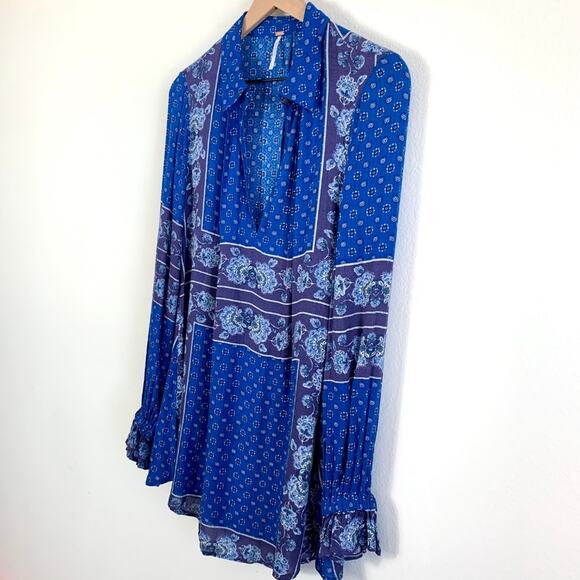 FREE PEOPLE Boho Blue & Purple Floral Tunic Blouse Top - Picture 11 of 16